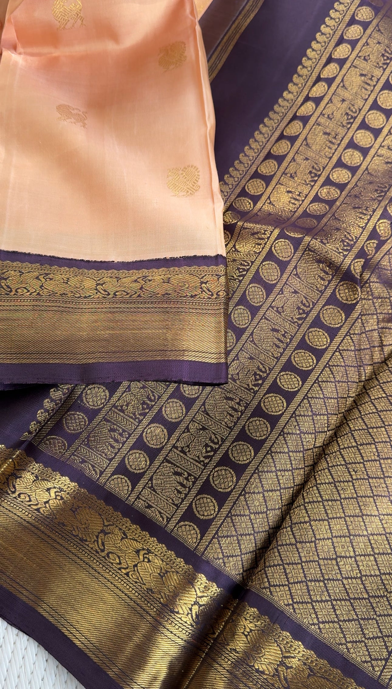 Coral Peach & Burnt Lavender - Mythili Kanjivaram silk