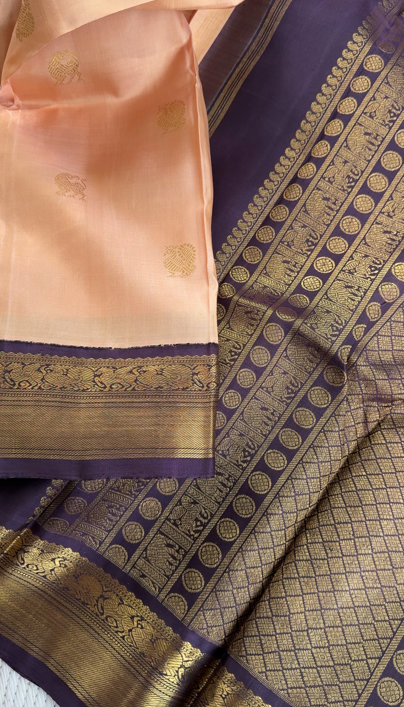 Coral Peach & Burnt Lavender - Mythili Kanjivaram silk