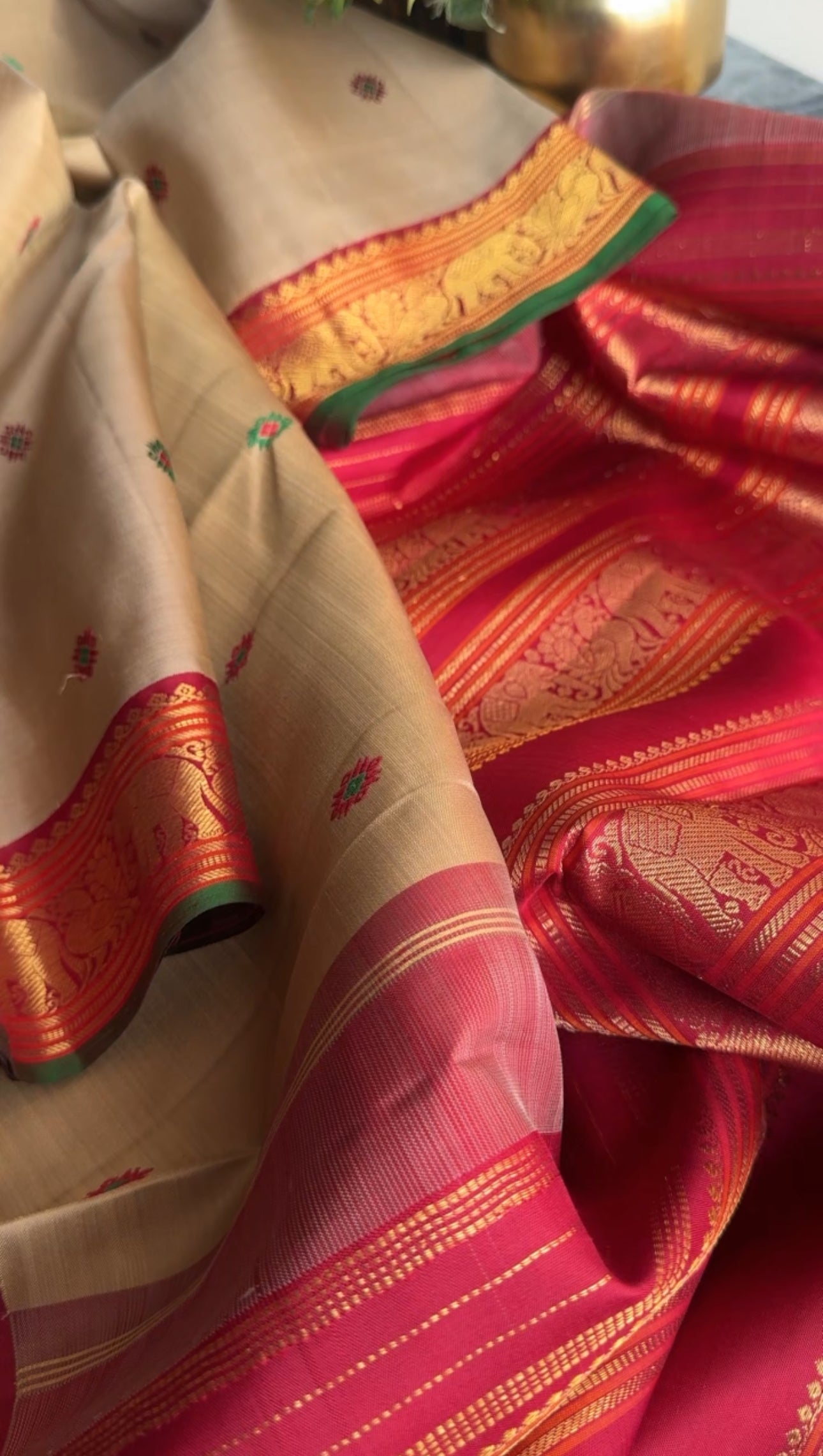 Biscuit  + Ruby - Maathey Kanjivaram Silk