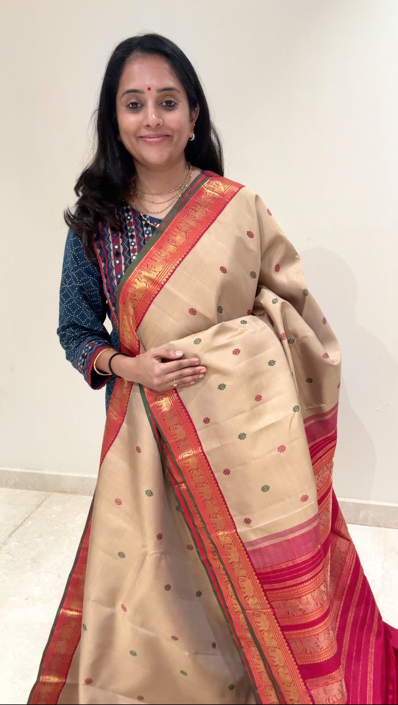 Biscuit  + Ruby - Maathey Kanjivaram Silk