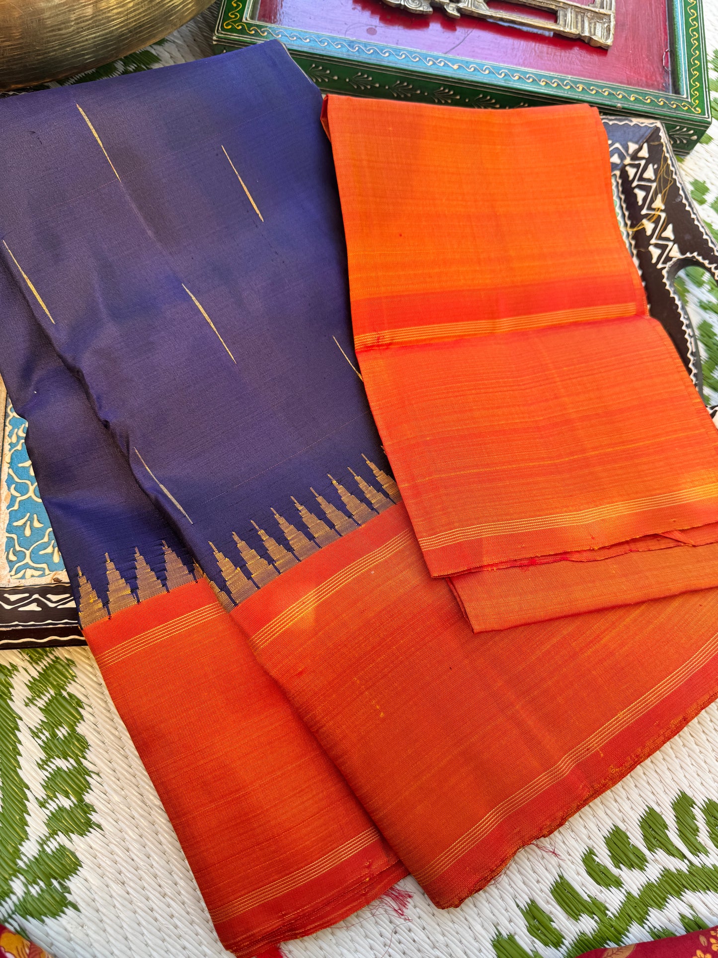 Electric blue - Sunset Orange - Simple Korvai Kanjivaram Silk