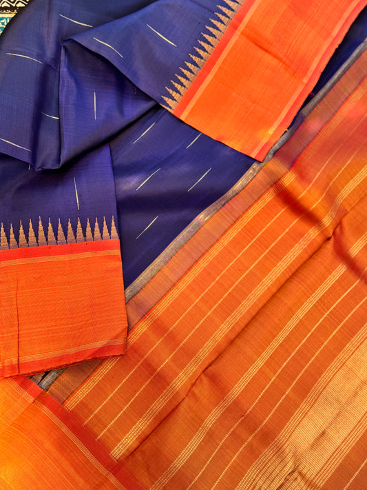 Electric blue - Sunset Orange - Simple Korvai Kanjivaram Silk