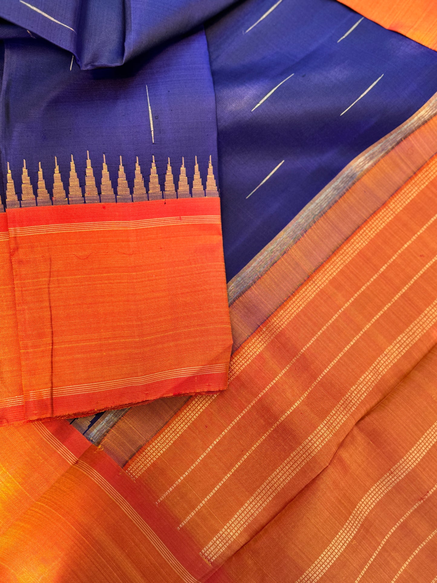 Electric blue - Sunset Orange - Simple Korvai Kanjivaram Silk
