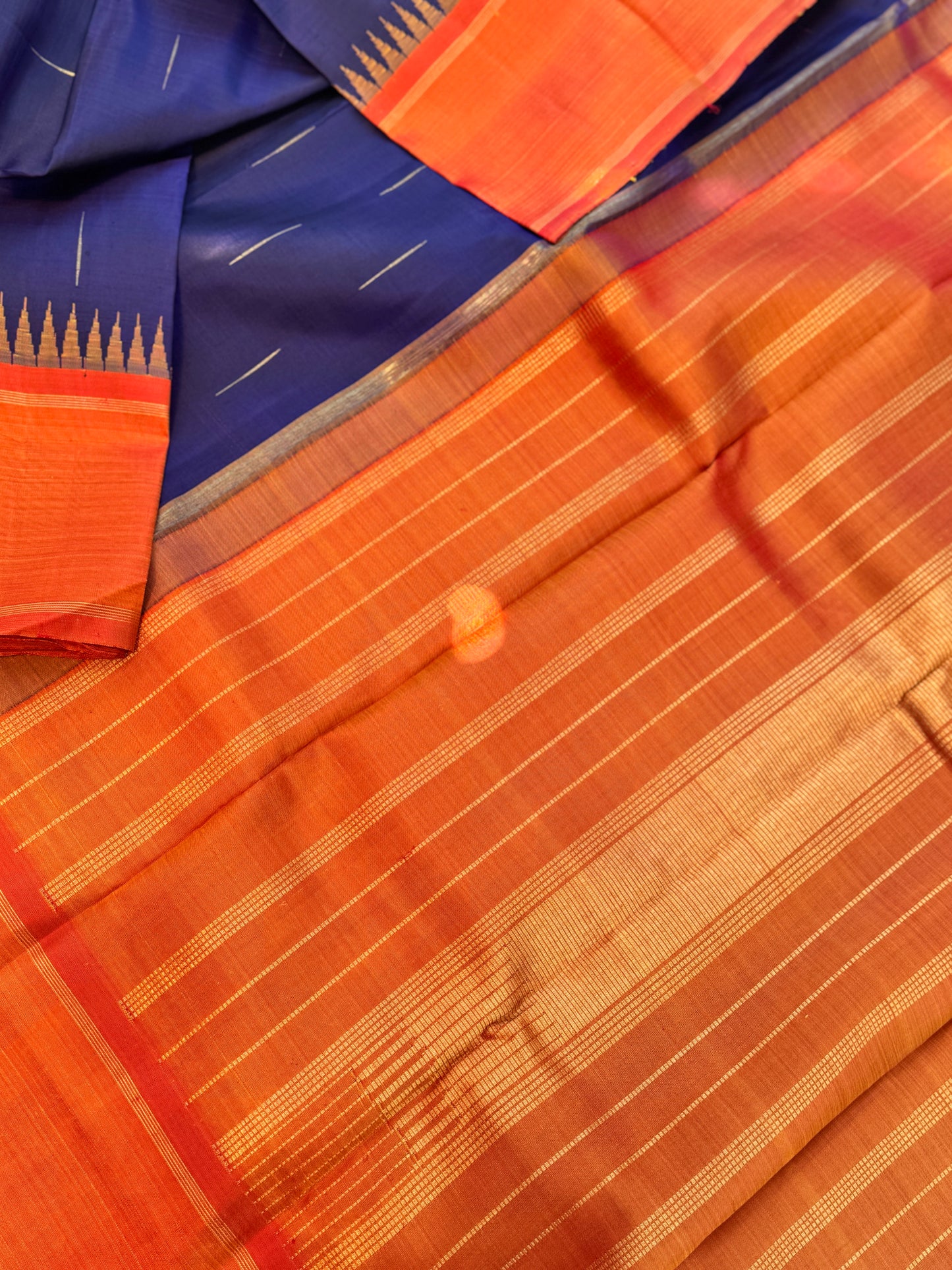 Electric blue - Sunset Orange - Simple Korvai Kanjivaram Silk