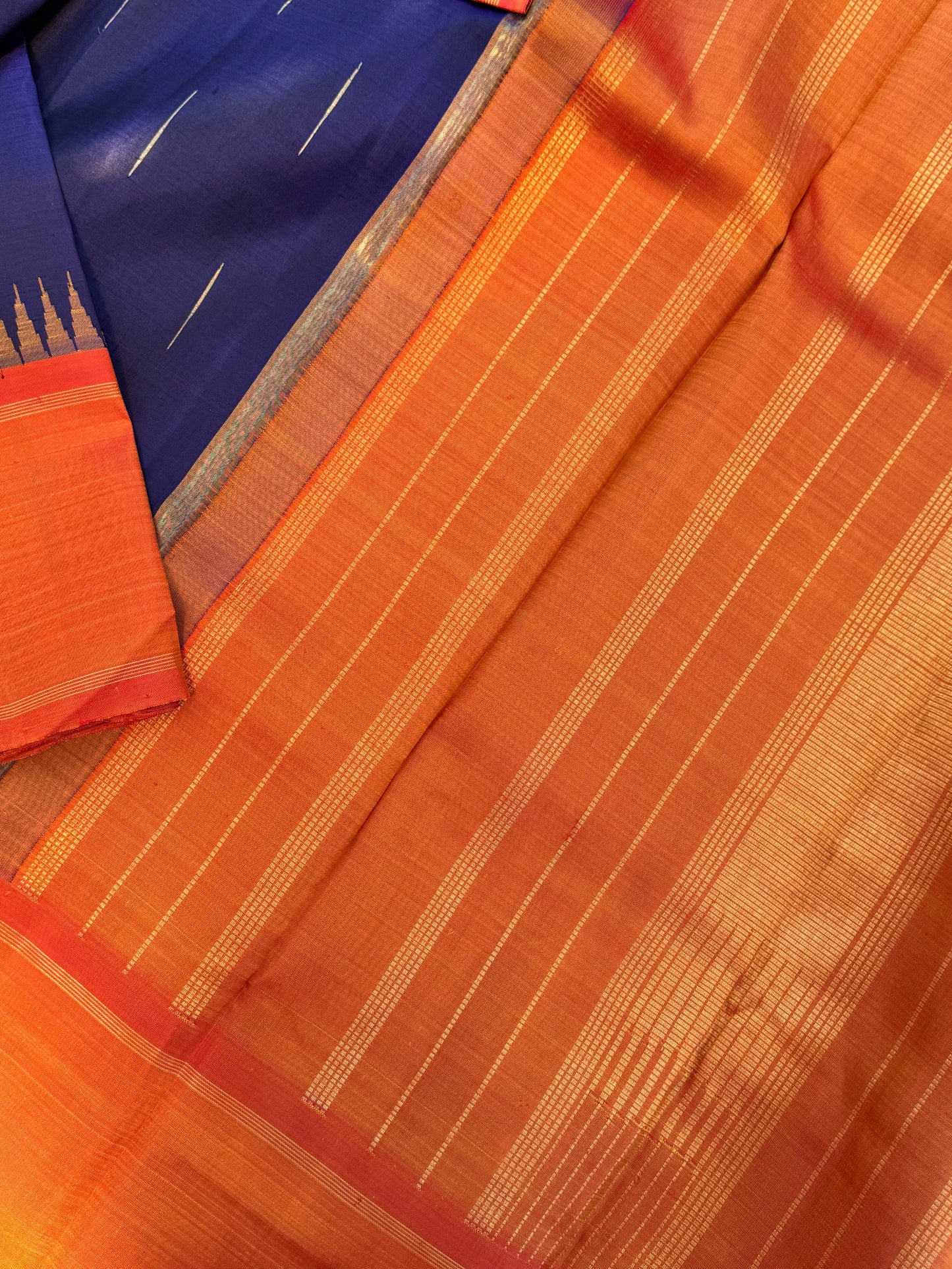 Electric blue - Sunset Orange - Simple Korvai Kanjivaram Silk