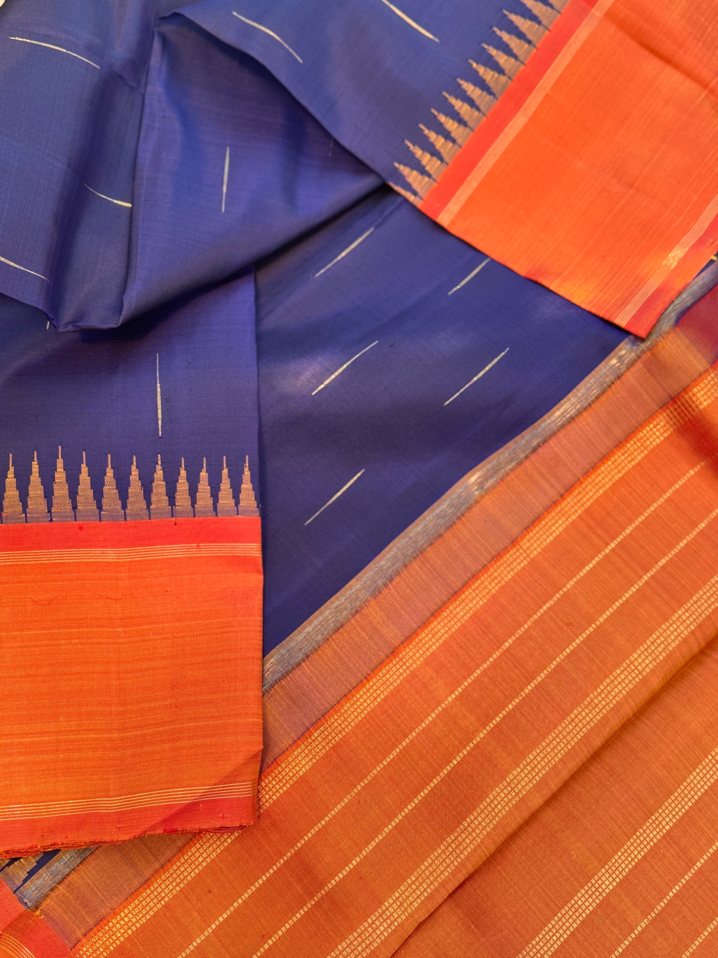 Electric blue - Sunset Orange - Simple Korvai Kanjivaram Silk