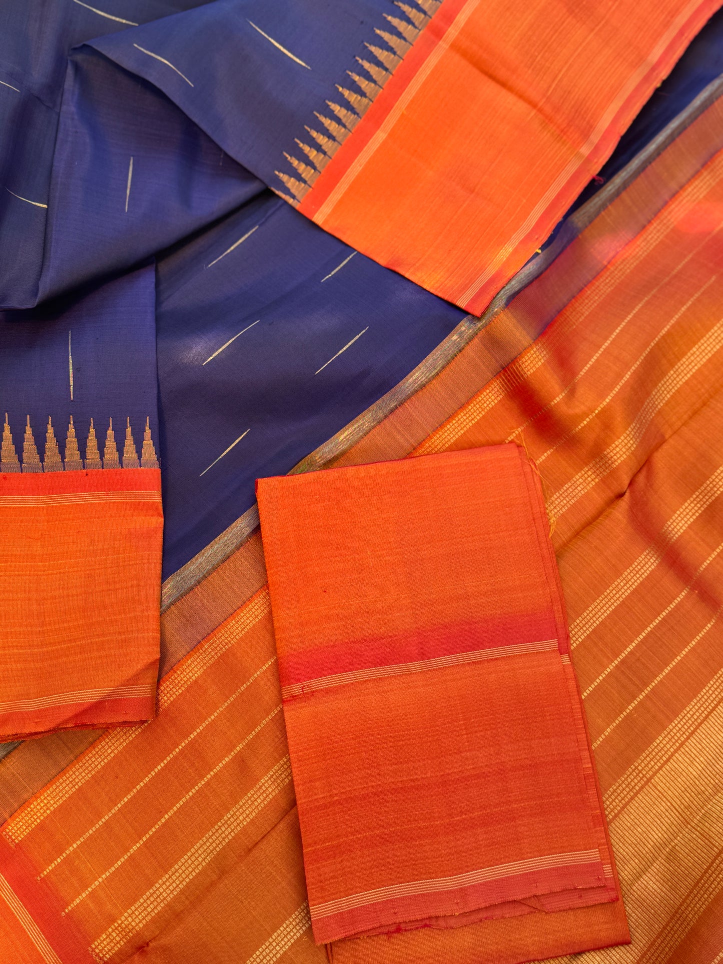 Electric blue - Sunset Orange - Simple Korvai Kanjivaram Silk