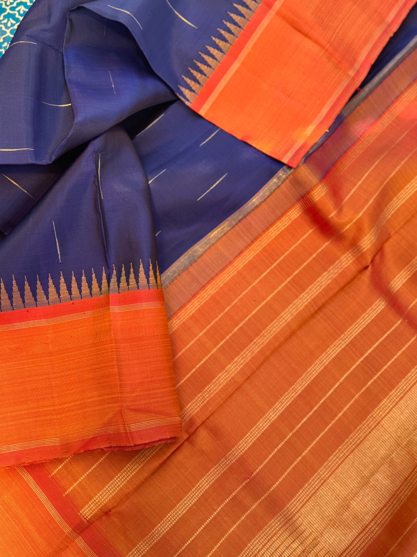 Electric blue - Sunset Orange - Simple Korvai Kanjivaram Silk