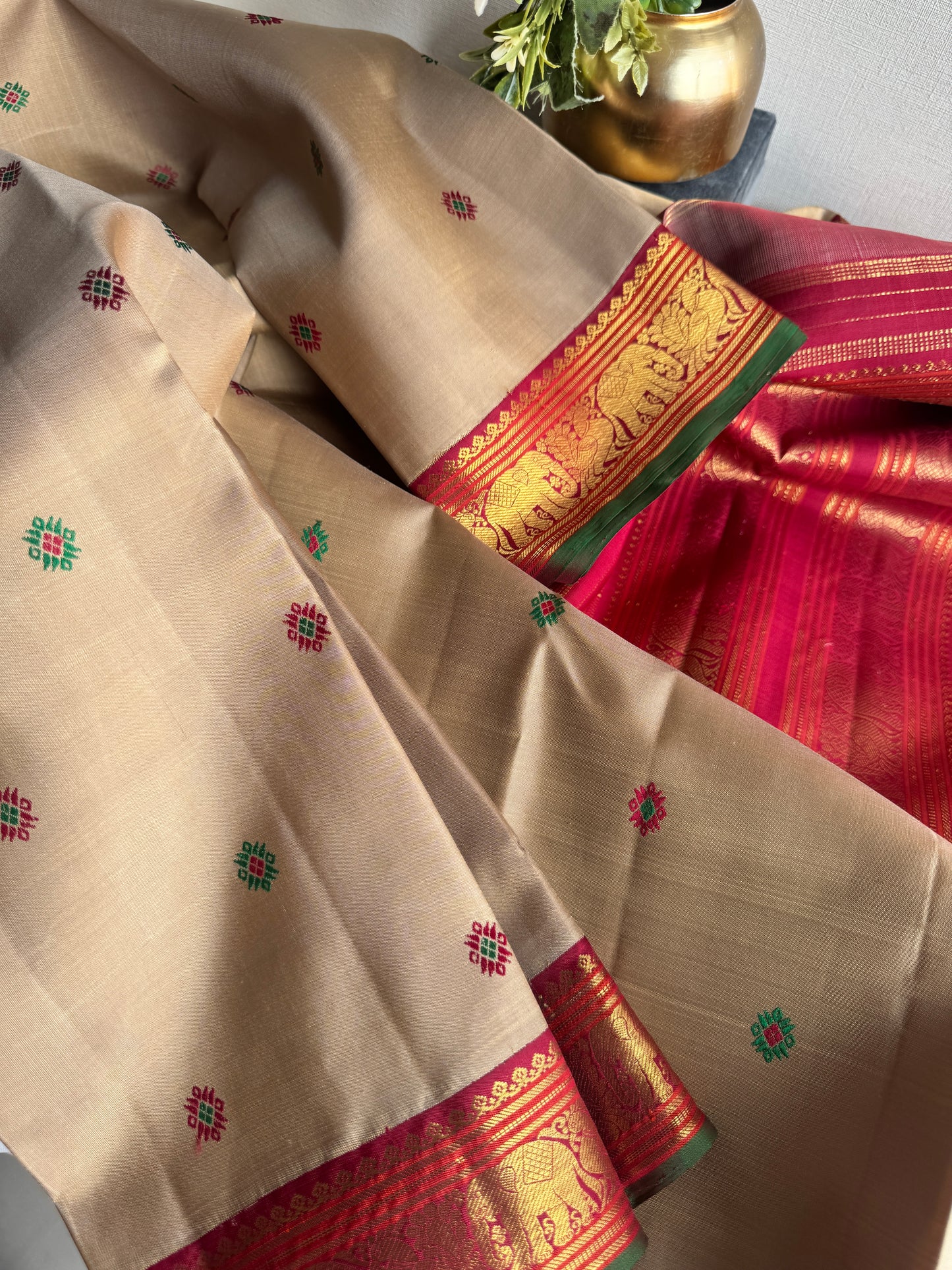 Biscuit  + Ruby - Maathey Kanjivaram Silk