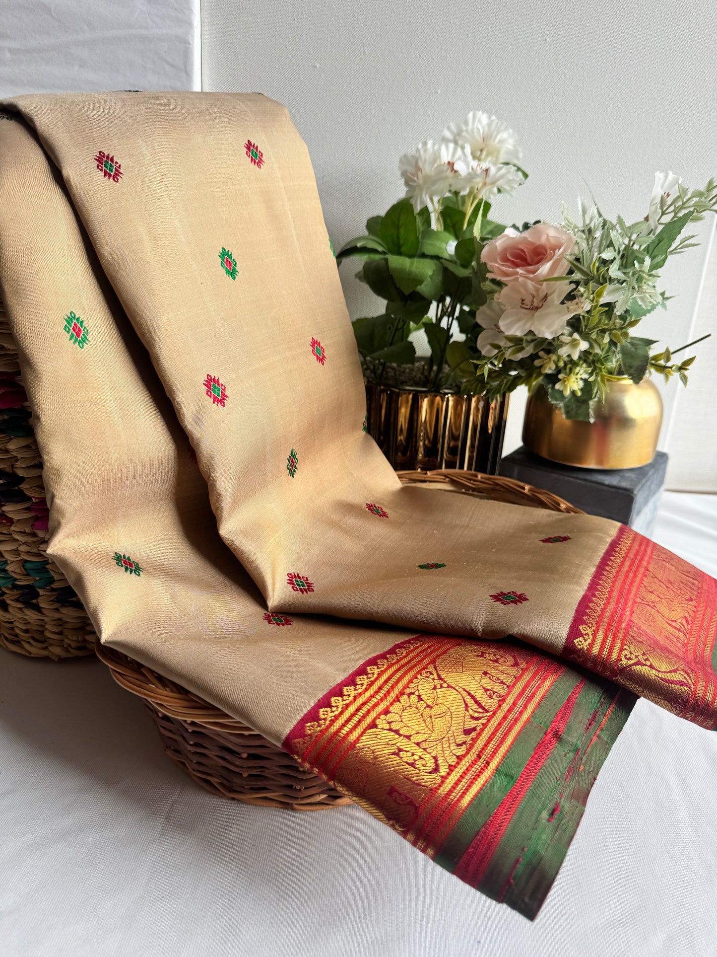 Biscuit  + Ruby - Maathey Kanjivaram Silk